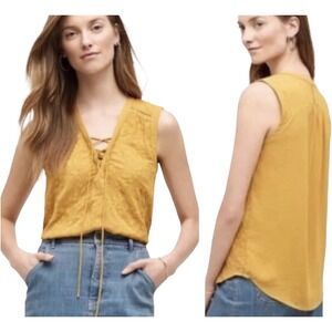 anthropologie maeve Embroidered lace up mustard tank top SZ 8